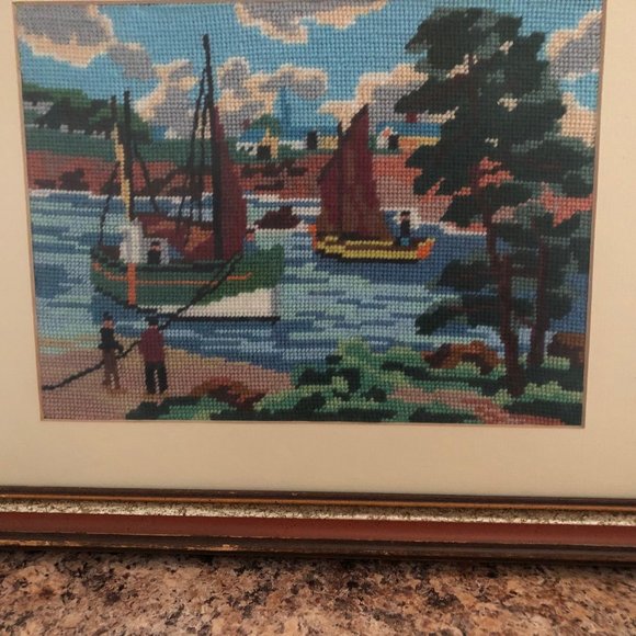 Needlework embroidery yarn art picture boat tree water people landscape - Picture 6 of 7